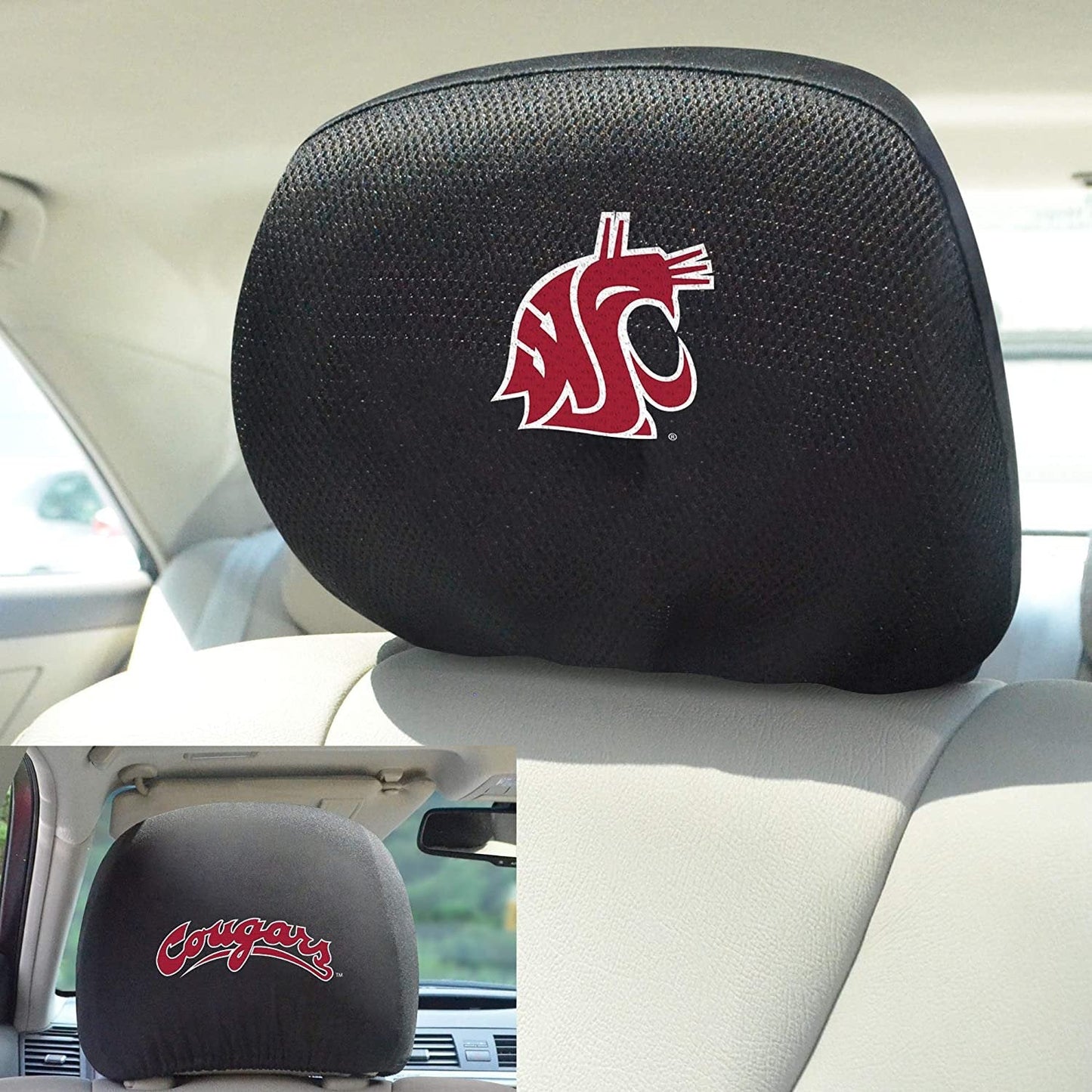 Washington State University Cougars Pair of Premium Auto Head Rest Covers, Embroidered, Black Elastic, 14x10 Inch
