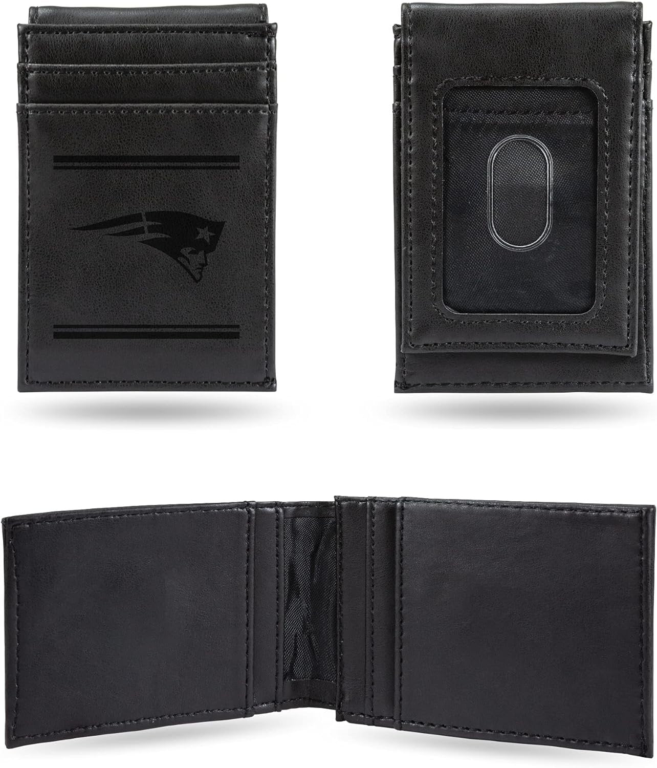 New England Patriots Premium Black Leather Wallet, Front Pocket Magnetic Money Clip, Laser Engraved, Vegan