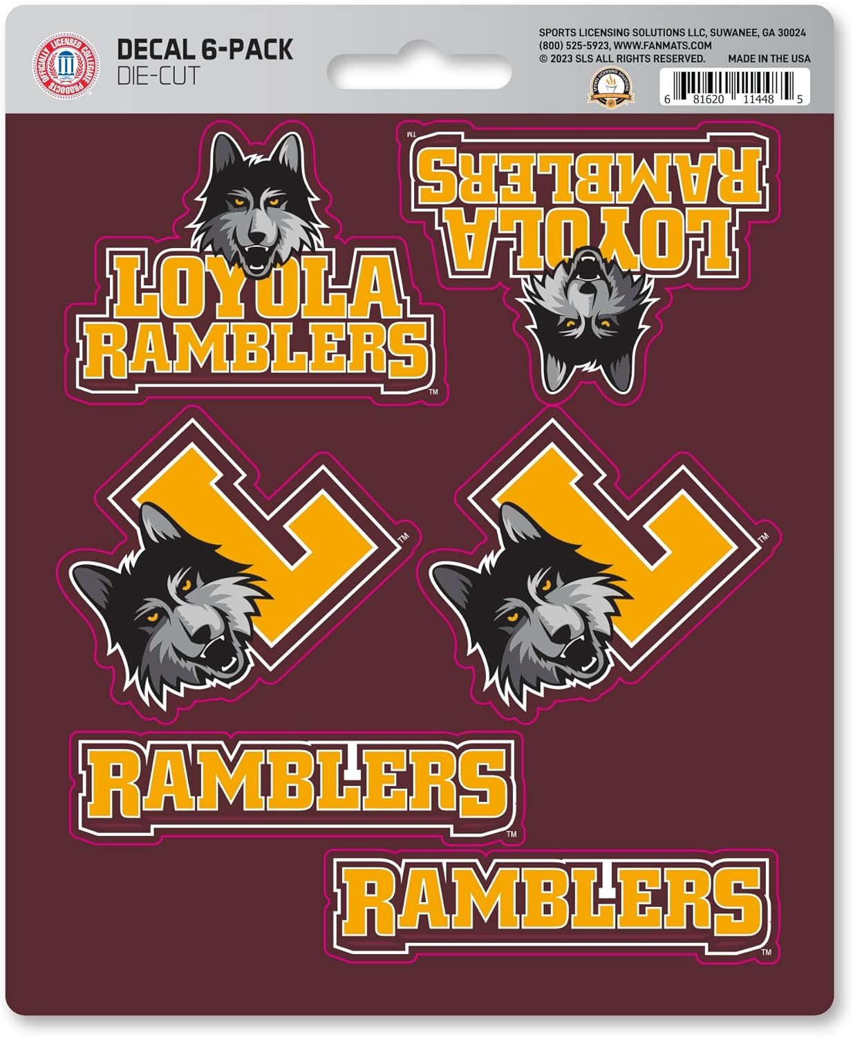 Loyola University Chicago Ramblers 6-Piece Decal Sticker Set, 5x6 Inch Sheet, Gift for football fans for any hard surfaces around home, automotive, personal items