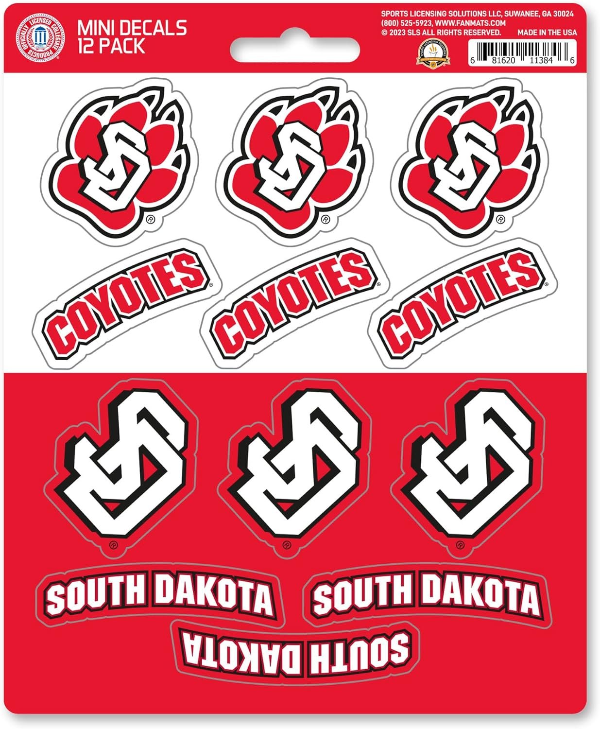 University of South Dakota Coyotes 12-Piece Mini Decal Sticker Set, 5x6 Inch Sheet, Gift for football fans for any hard surfaces around home, automotive, personal items