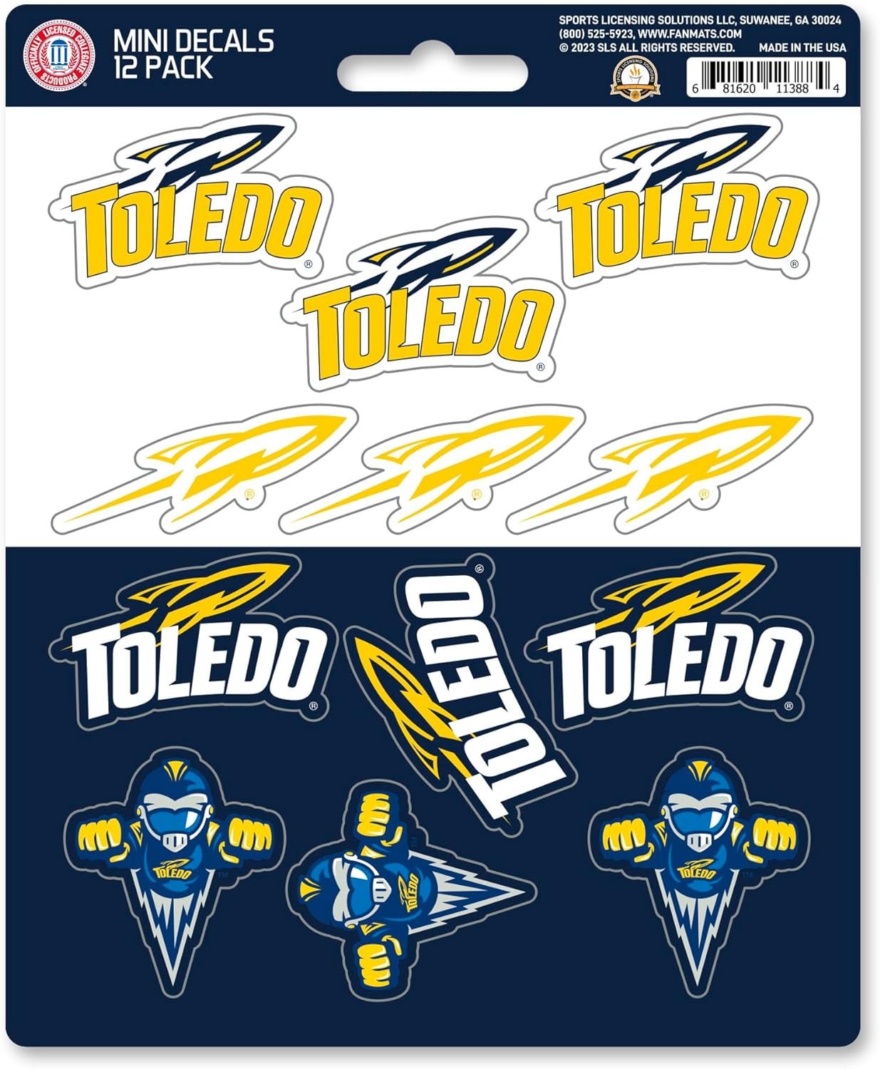 University of Toledo Rockets 12-Piece Mini Decal Sticker Set, 5x6 Inch Sheet, Gift for football fans for any hard surfaces around home, automotive, personal items
