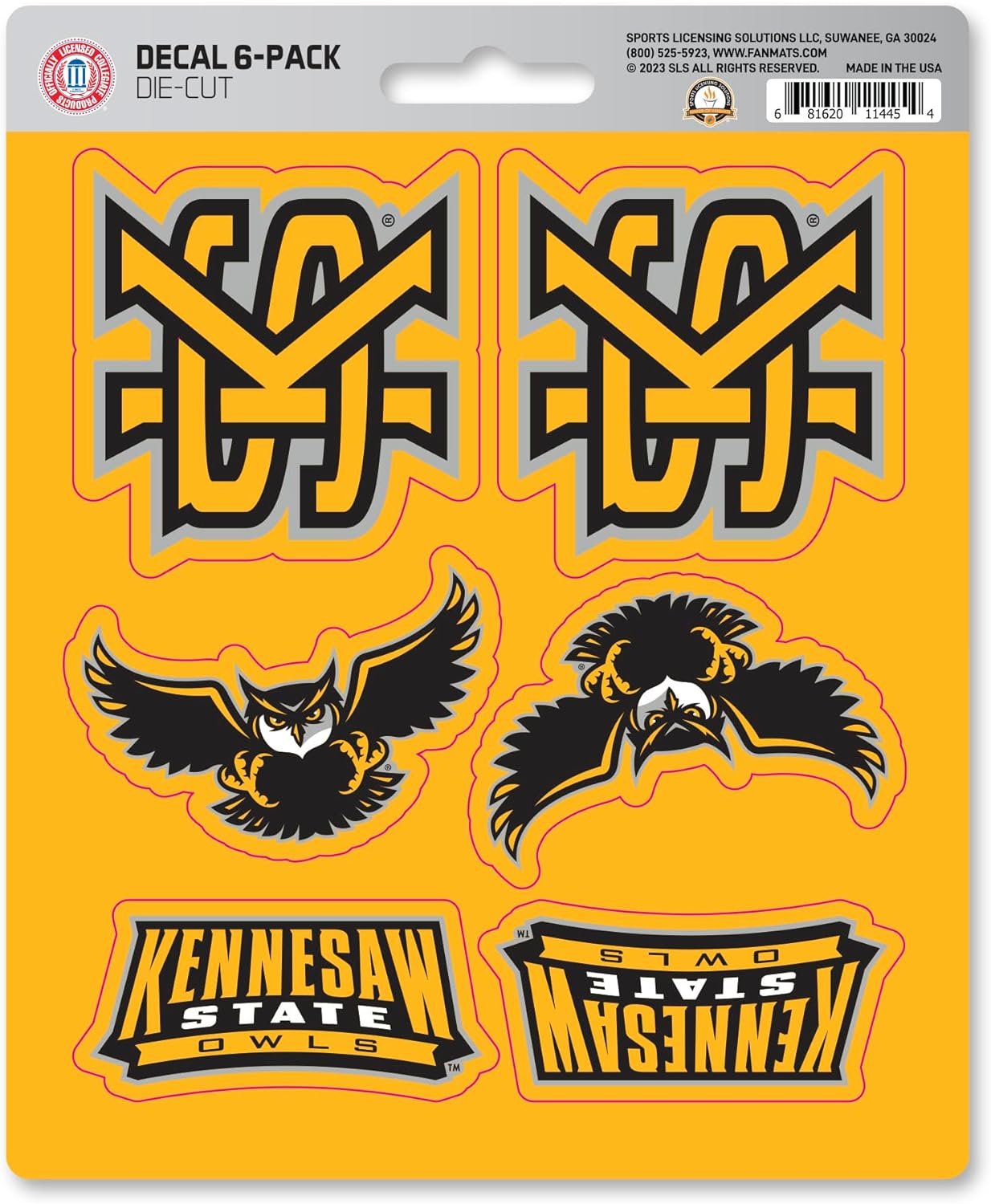 Kennesaw State University Owls 6-Piece Decal Sticker Set, 5x6 Inch Sheet, Gift for football fans for any hard surfaces around home, automotive, personal items