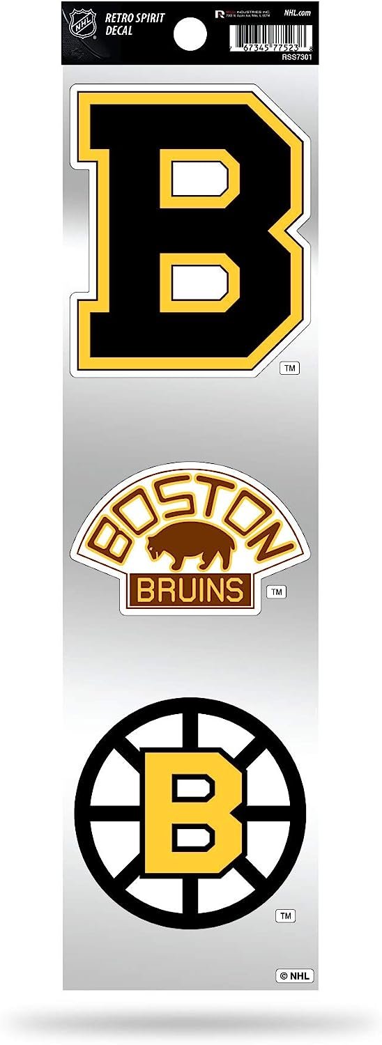 Boston Bruins 3-Piece Retro Decal Sticker Sheet, Die Cut, Clear Backing, 3x12 Inch