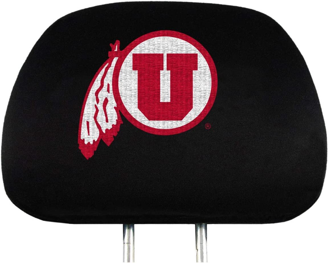 University of Utah Utes Pair of Premium Auto Head Rest Covers, Embroidered, Black Elastic, 14x10 Inch