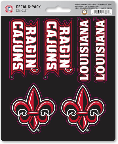 University of Louisiana Lafayette Ragin' Cajuns 6-Piece Decal Sticker Set, 5x6 Inch Sheet, Gift for football fans for any hard surfaces around home, automotive, personal items