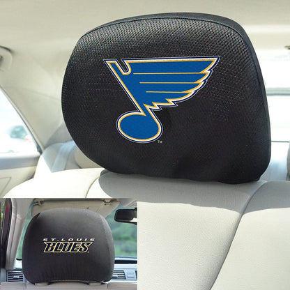 St Louis Blues Premium Auto Head Rest Covers, Black, Embroidered, 14x10 inch, Elastic, 2-Piece