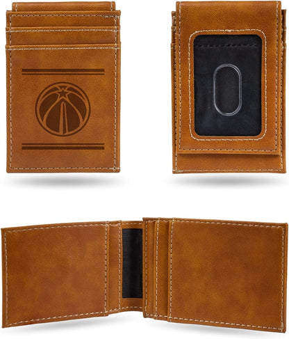 Washington Wizards Premium Brown Leather Wallet, Front Pocket Magnetic Money Clip, Laser Engraved, Vegan