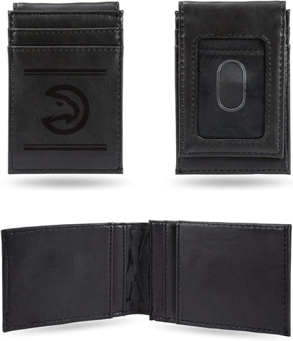 Atlanta Hawks Premium Black Leather Wallet, Front Pocket Magnetic Money Clip, Laser Engraved, Vegan