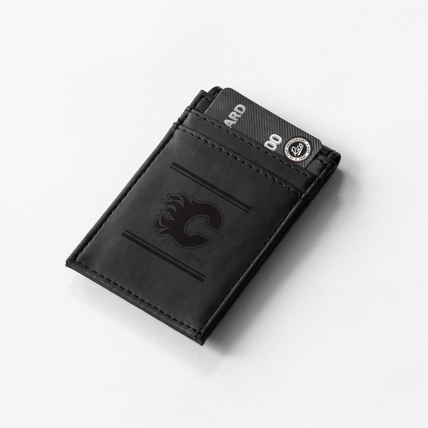 Calgary Flames Premium Black Leather Wallet, Front Pocket Magnetic Money Clip, Laser Engraved, Vegan