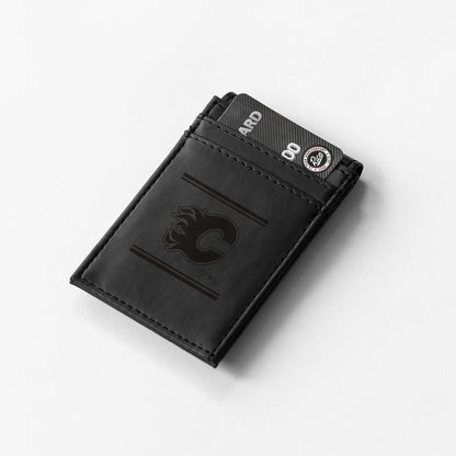 Calgary Flames Premium Black Leather Wallet, Front Pocket Magnetic Money Clip, Laser Engraved, Vegan