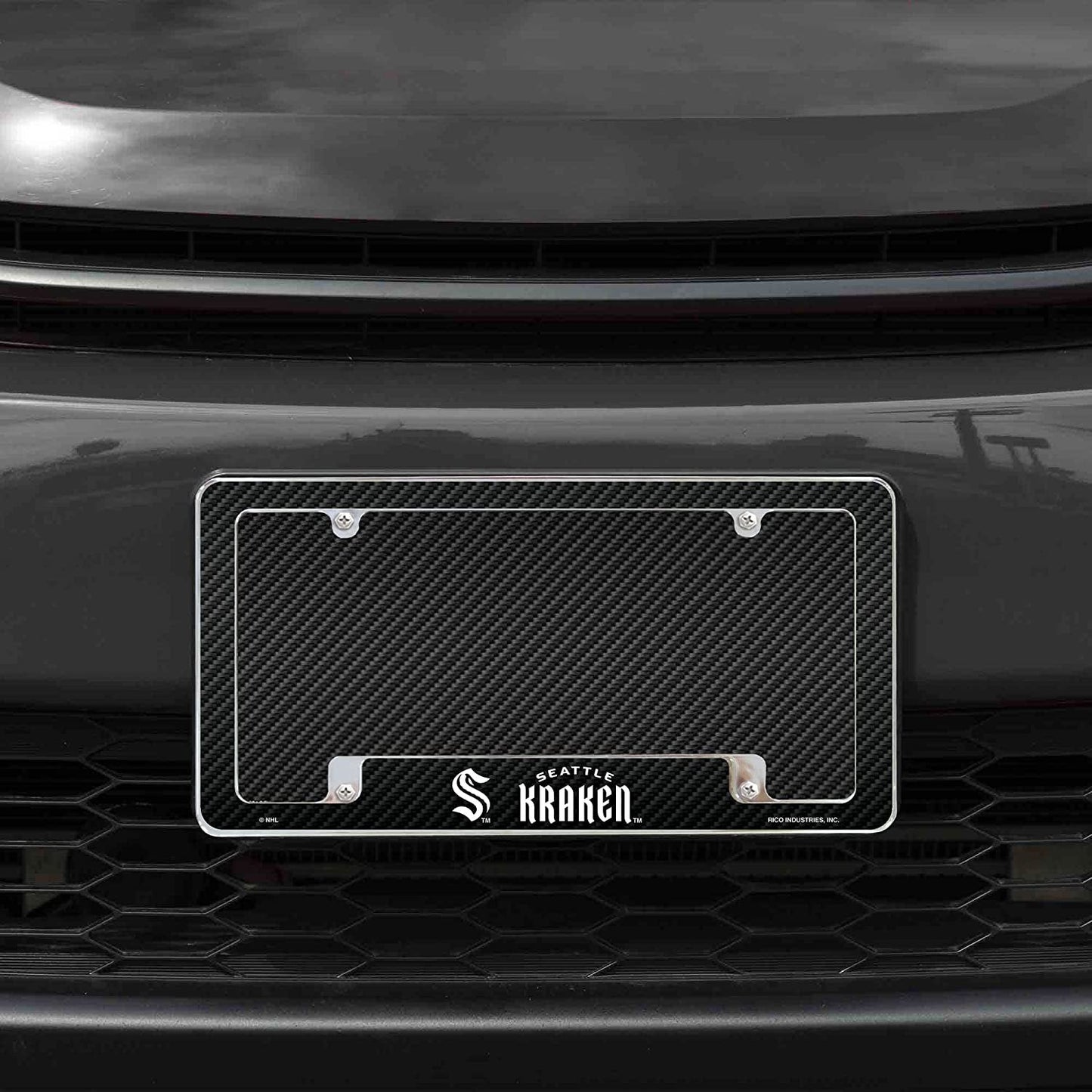 Seattle Kraken Metal License Plate Frame Chrome Tag Cover, Carbon Fiber Design, 6x12 Inch