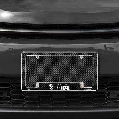 Seattle Kraken Metal License Plate Frame Chrome Tag Cover, Carbon Fiber Design, 6x12 Inch