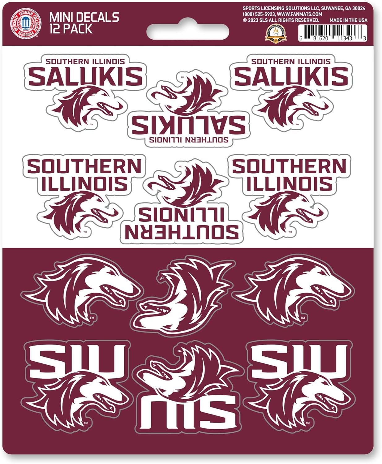 Southern Illinois University Salukis 12-Piece Mini Decal Sticker Set, 5x6 Inch Sheet, Gift for football fans for any hard surfaces around home, automotive, personal items