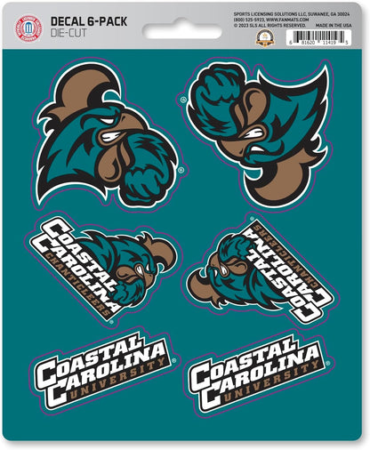 Coastal Carolina University Chanticleers 6-Piece Decal Sticker Set, 5x6 Inch Sheet, Gift for football fans for any hard surfaces around home, automotive, personal items