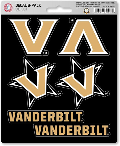 Vanderbilt University Commodores 6-Piece Decal Sticker Set, 5x6 Inch Sheet, Gift for football fans for any hard surfaces around home, automotive, personal items