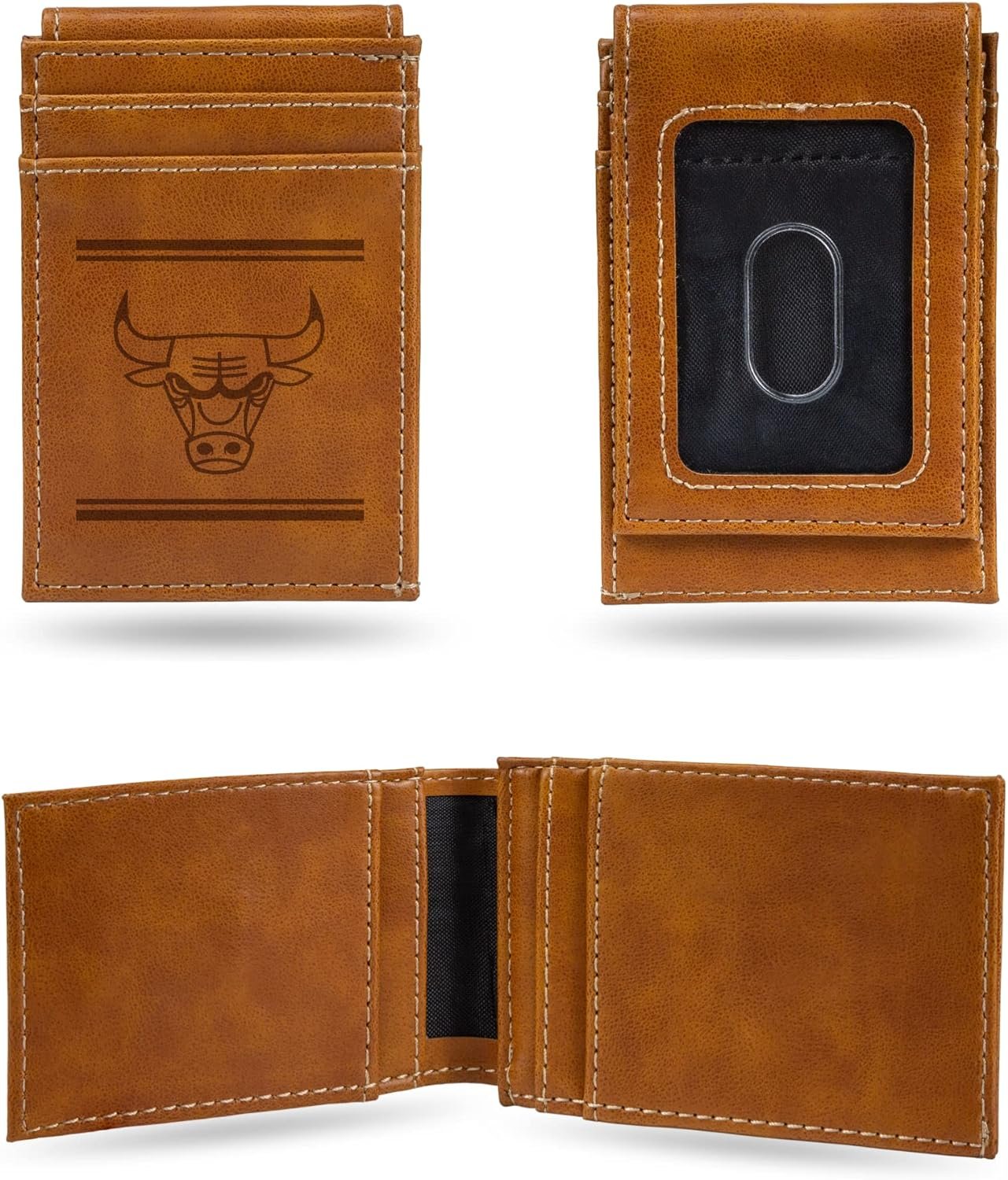 Chicago Bulls Premium Brown Leather Wallet, Front Pocket Magnetic Money Clip, Laser Engraved, Vegan