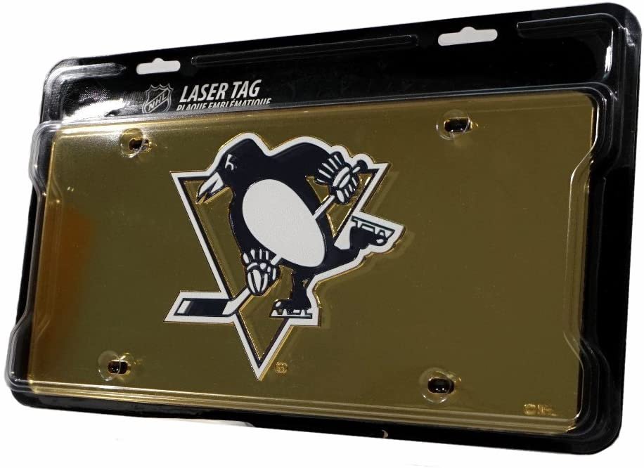 Pittsburgh Penguins Premium Laser Cut Tag License Plate, Yellow, Mirrored Acrylic Inlaid, 12x6 Inch