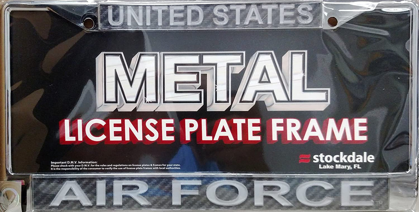 United States Air Force Military Metal License Plate Frame Chrome Tag Cover, Laser Acrylic Mirrored Inserts, Carbon Fiber Design, 12x6 Inch