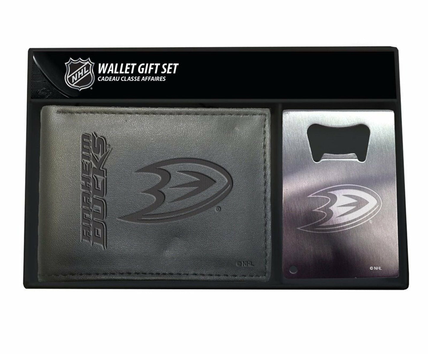 Anaheim Ducks Black Vegan Leather Bifold Wallet and Bottle Opener Keychain Gift Set