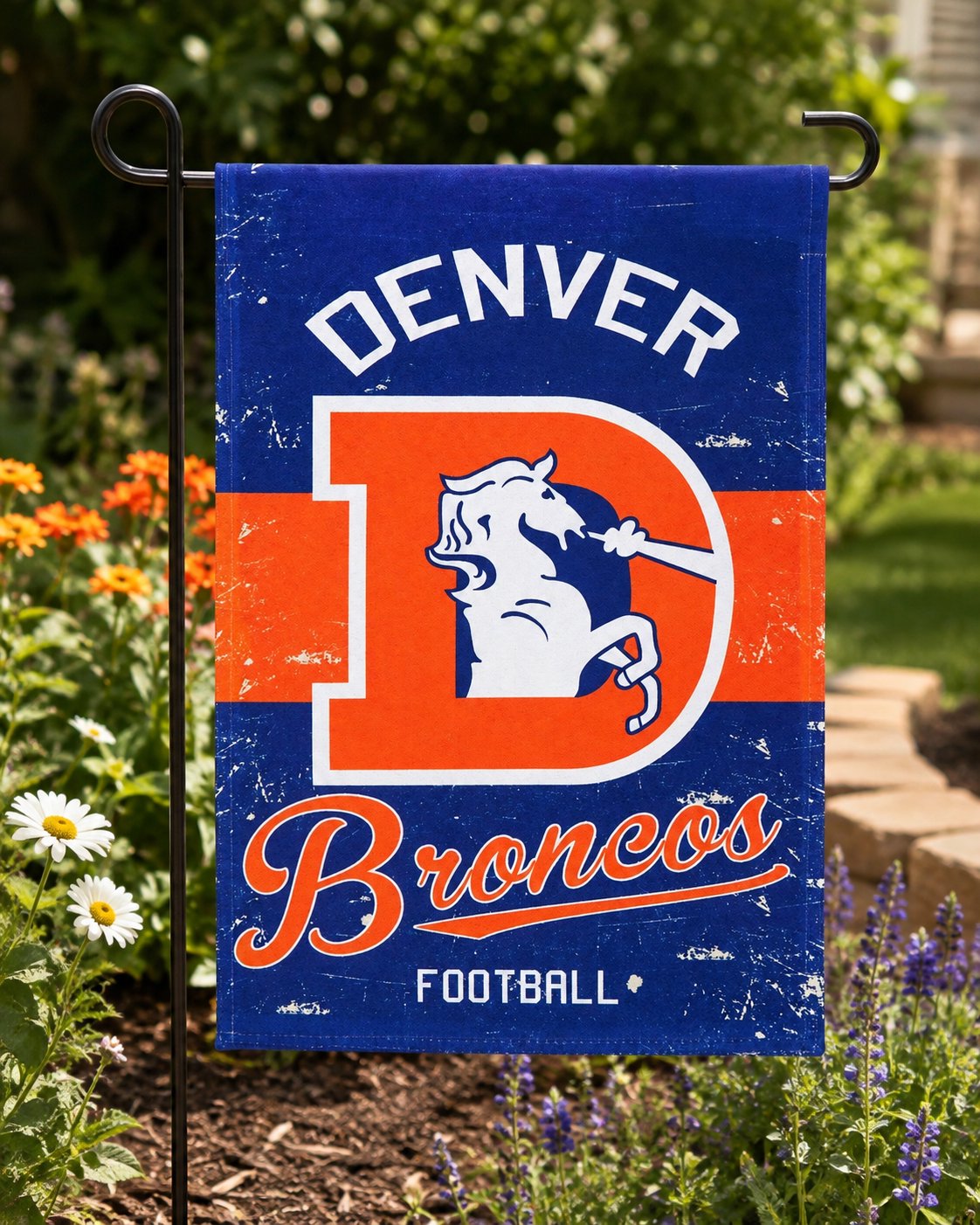 Denver Broncos Premium Garden Flag Banner, Double Sided, Retro Vintage Style, Linen, 13x18 Inch