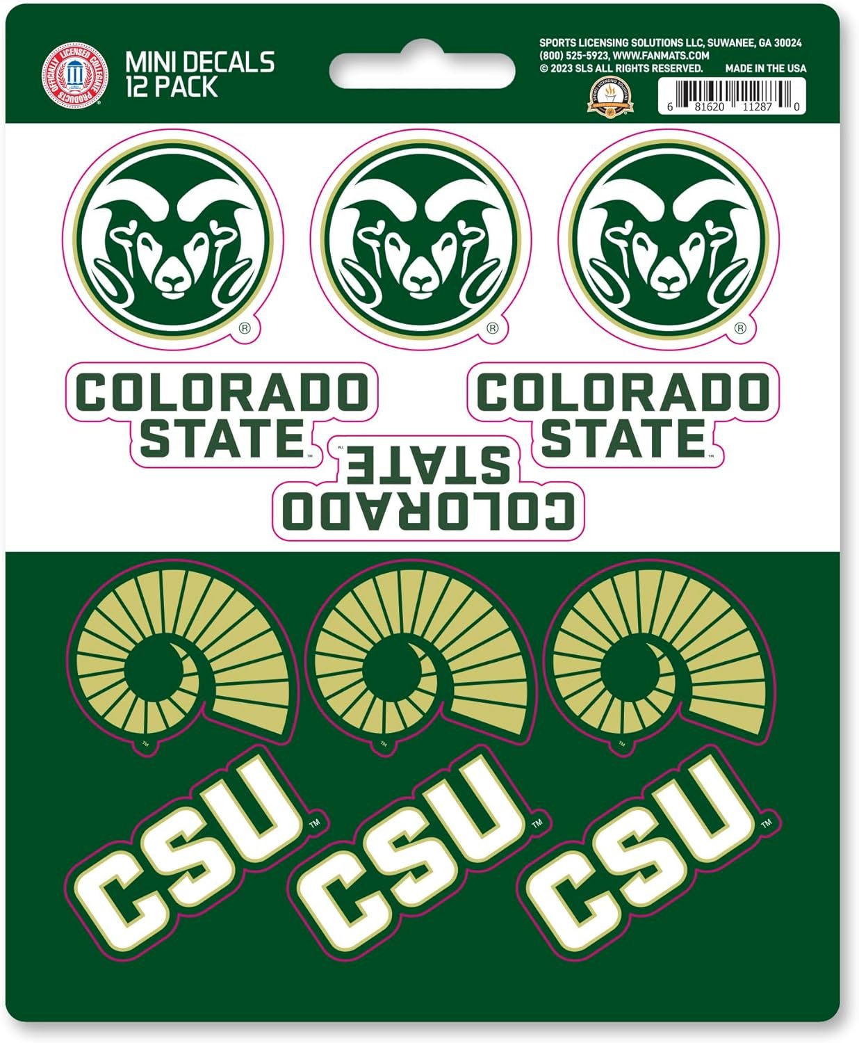 Colorado State University Rams 12-Piece Mini Decal Sticker Set, 5x6 Inch Sheet, Gift for football fans for any hard surfaces around home, automotive, personal items
