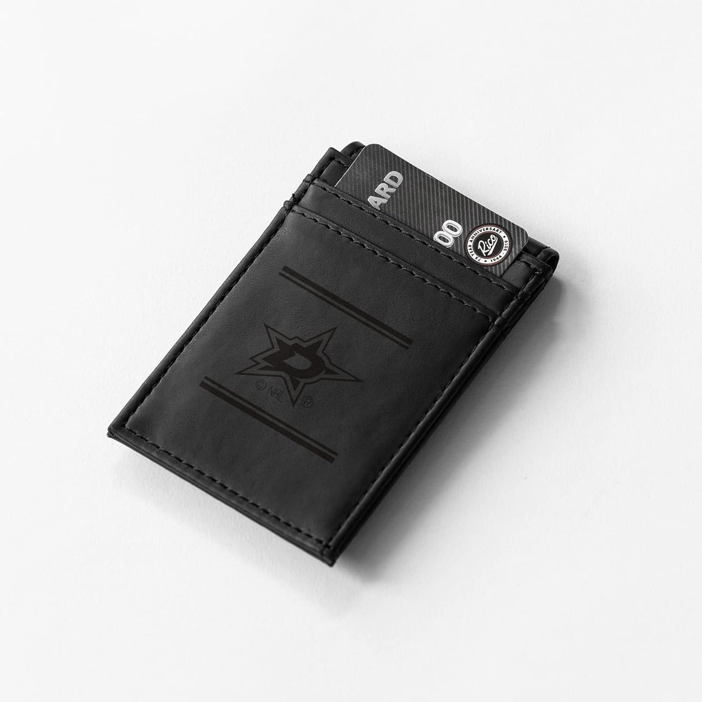 Dallas Stars Premium Black Leather Wallet, Front Pocket Magnetic Money Clip, Laser Engraved, Vegan
