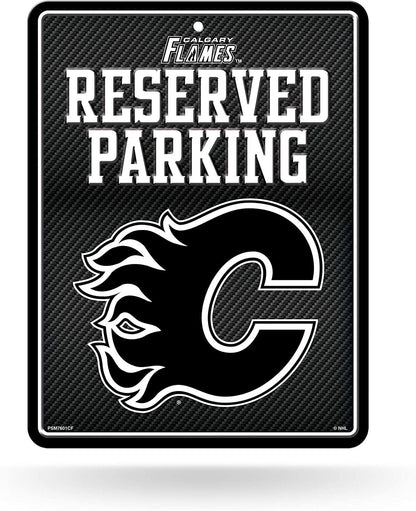 Calgary Flames Metal Parking Novelty Wall Sign 8.5 x 11 Inch Carbon Fiber Design