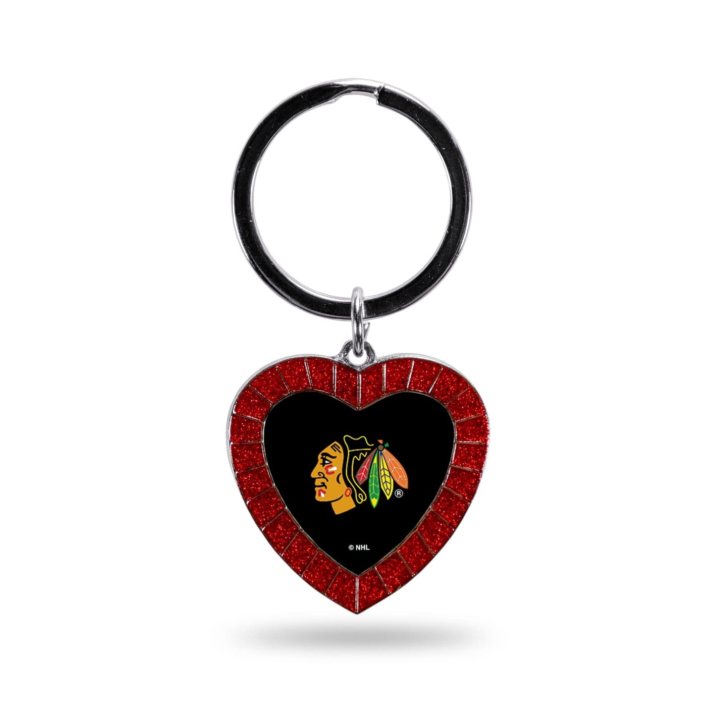Chicago Blackhawks Metal Keychain, Team Color Rhinestone Heart, 3 Inches