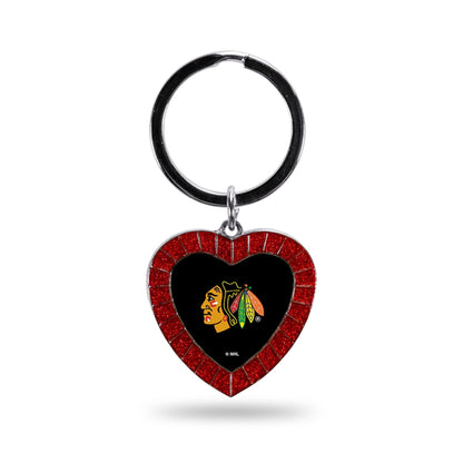 Chicago Blackhawks Metal Keychain, Team Color Rhinestone Heart, 3 Inches