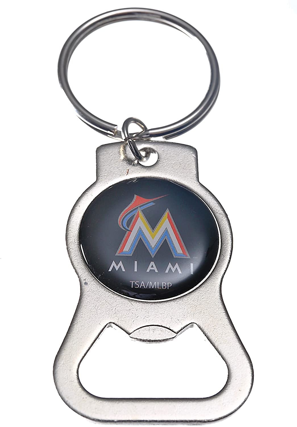 Miami Marlins Premium Solid Metal Bottle Opener Keychain, Silver Key Ring, Team Logo