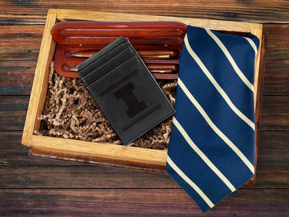 University of Illinois Fighting Illini Premium Black Leather Wallet, Front Pocket Magnetic Money Clip, Laser Engraved, Vegan