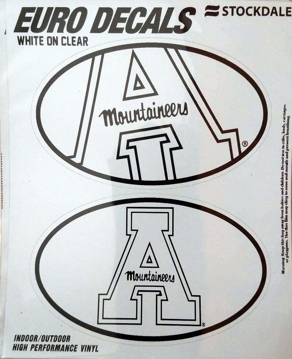Appalachian State University Mountaineers 2-Piece White and Clear Euro Decal Sticker Set, 4x2.5 Inch Each