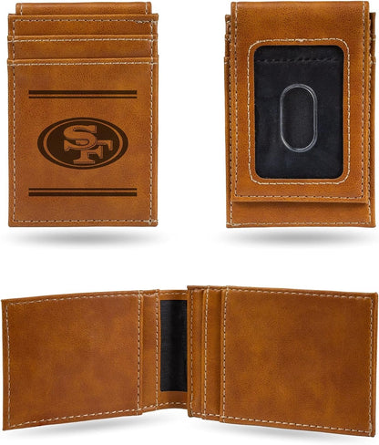 San Francisco 49ers Premium Brown Leather Wallet, Front Pocket Magnetic Money Clip, Laser Engraved, Vegan