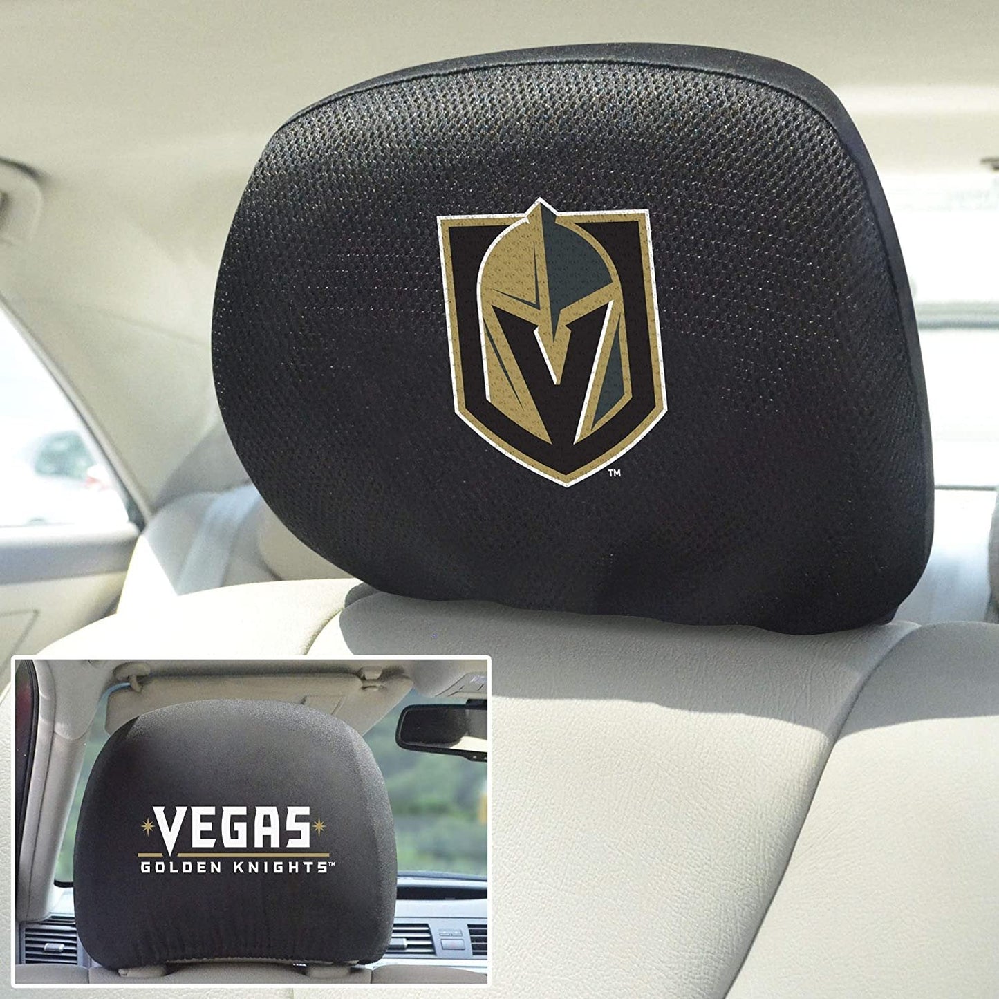 Vegas Golden Knights Pair of Premium Auto Head Rest Covers, Embroidered, Black Elastic, 14x10 Inch