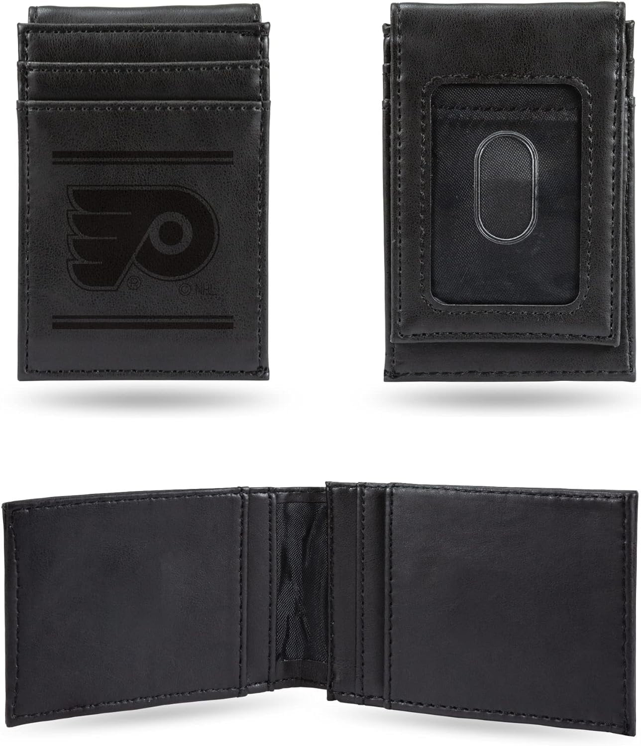 Philadelphia Flyers Premium Black Leather Wallet, Front Pocket Magnetic Money Clip, Laser Engraved, Vegan