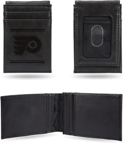 Philadelphia Flyers Premium Black Leather Wallet, Front Pocket Magnetic Money Clip, Laser Engraved, Vegan