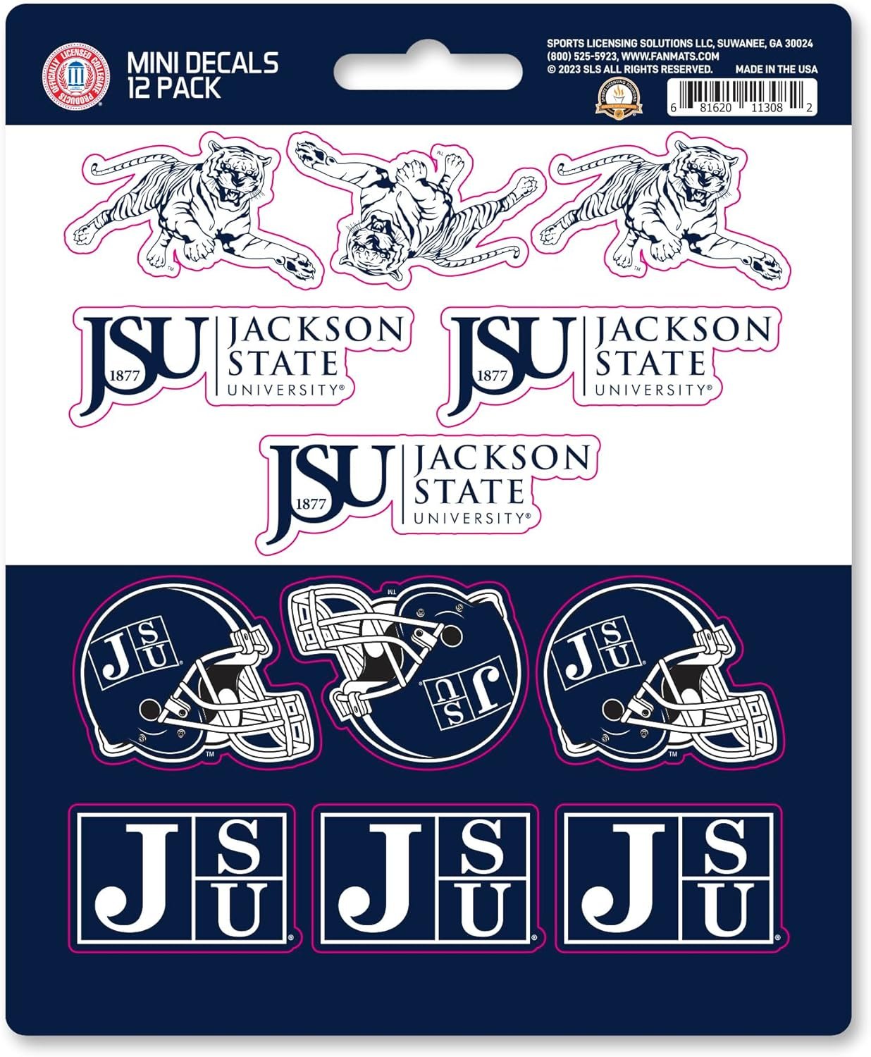 Jackson State University Tigers 12-Piece Mini Decal Sticker Set, 5x6 Inch Sheet, Gift for football fans for any hard surfaces around home, automotive, personal items