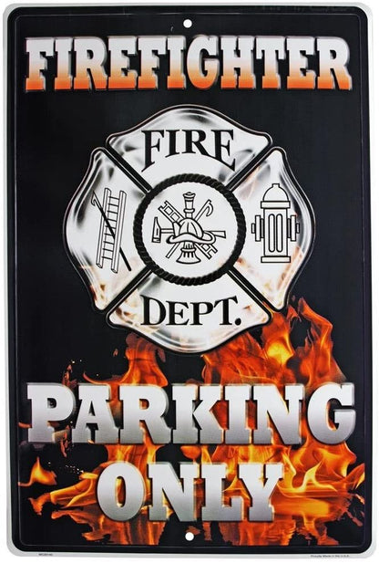 Firefighter Premium Metal Wall Parking Sign, 12x18 Inch, Great for Man Cave, Bed Room, Office, Home Decor