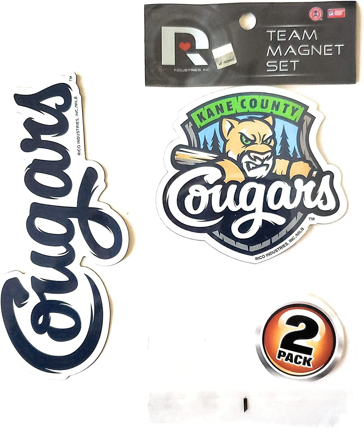 Kane County Cougars 2-Piece Die Cut Team Logo Magnet Set, 3 Inch Magnets, Home or Auto Use, Officially Licensed, Made in the USA