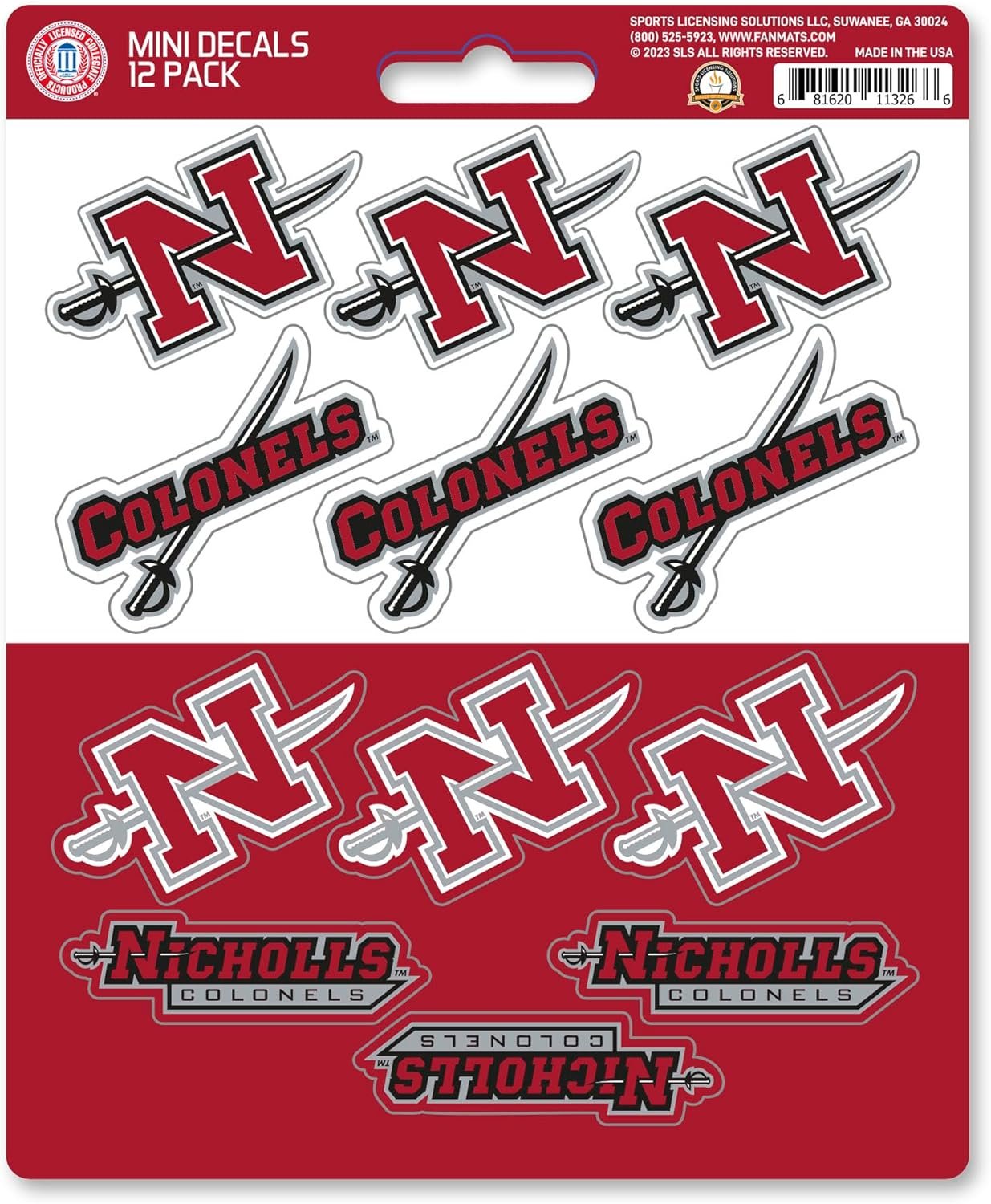 Nicholls State University Colonels 12-Piece Mini Decal Sticker Set, 5x6 Inch Sheet, Gift for football fans for any hard surfaces around home, automotive, personal items