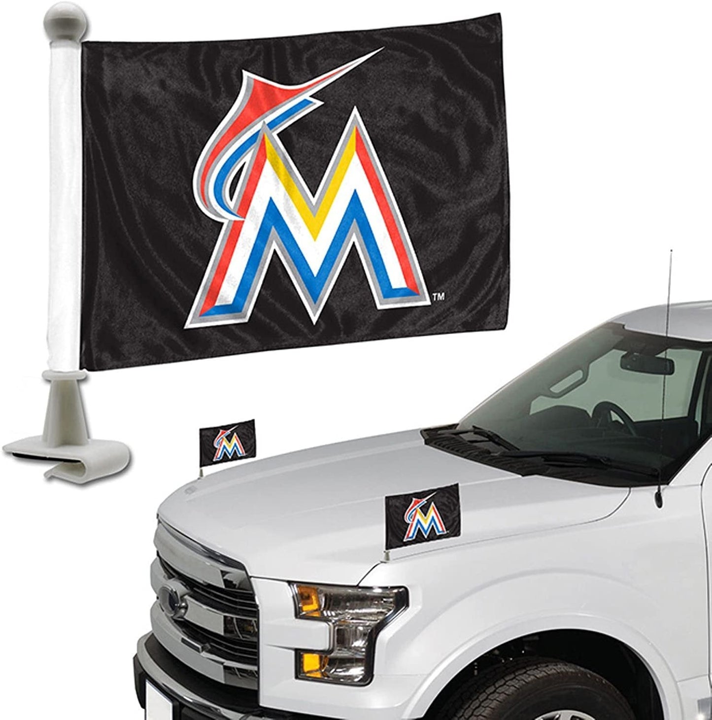 Miami Marlins Retro Logo Car Flag Set, Ambassador Style, 4x6 Inch Double Sided Flags, Set of 2