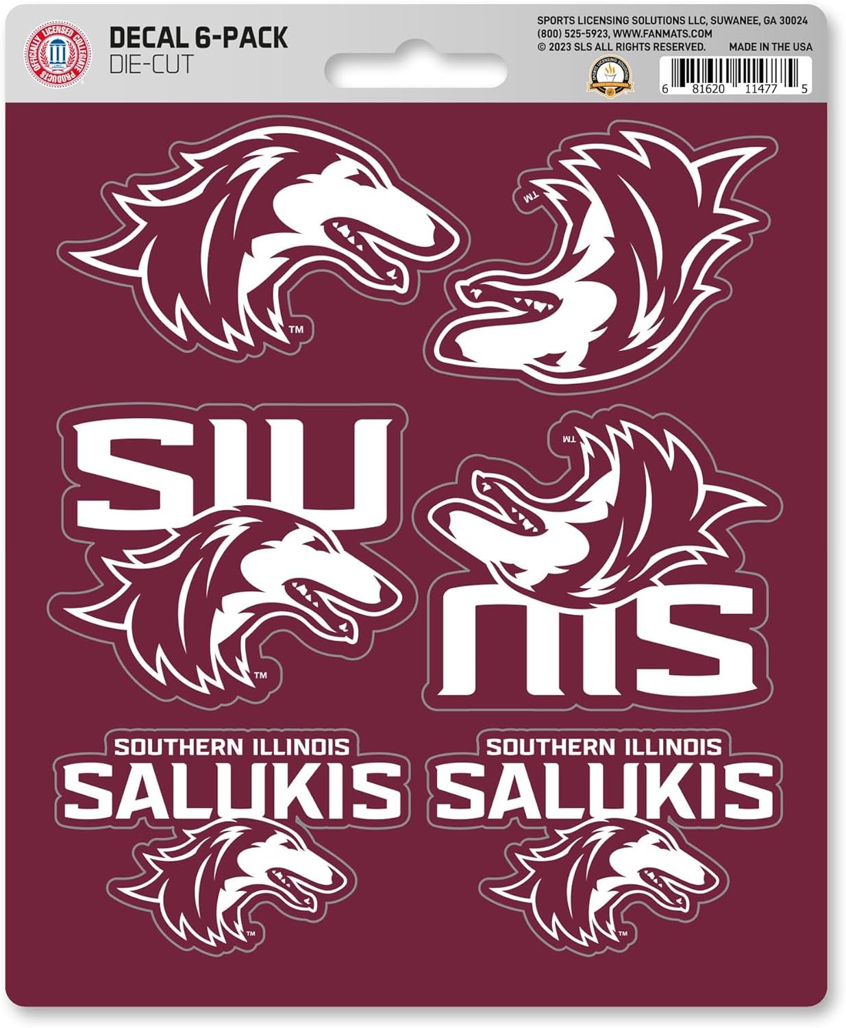 Southern Illinois University Salukis 6-Piece Decal Sticker Set, 5x6 Inch Sheet, Gift for football fans for any hard surfaces around home, automotive, personal items