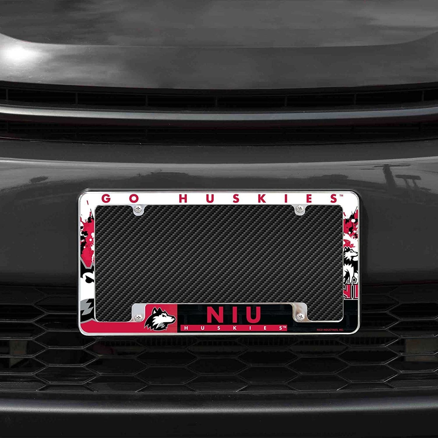 University of Northern Illinois Huskies Metal License Plate Frame Chrome Tag Cover All Over Design 6x12 Inch