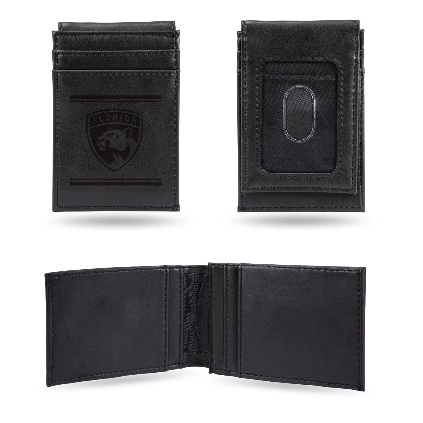 Florida Panthers Premium Black Man Made Leather Wallet, Front Pocket Magnetic Money Clip, Laser Engraved