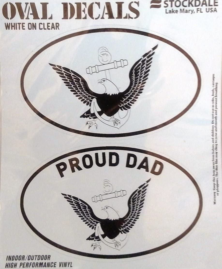 U.S. Navy, Proud Dad, 2-Piece White and Clear Euro Decal Sticker Set, 4x2.5 Inch Each, United States Military