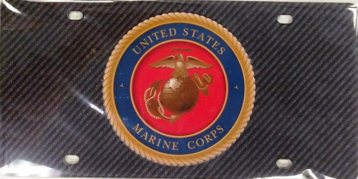 United States Marines Military Laser Tag License Plate, Carbon Fiber Design, Mirrored Acrylic, 12x6 Inch