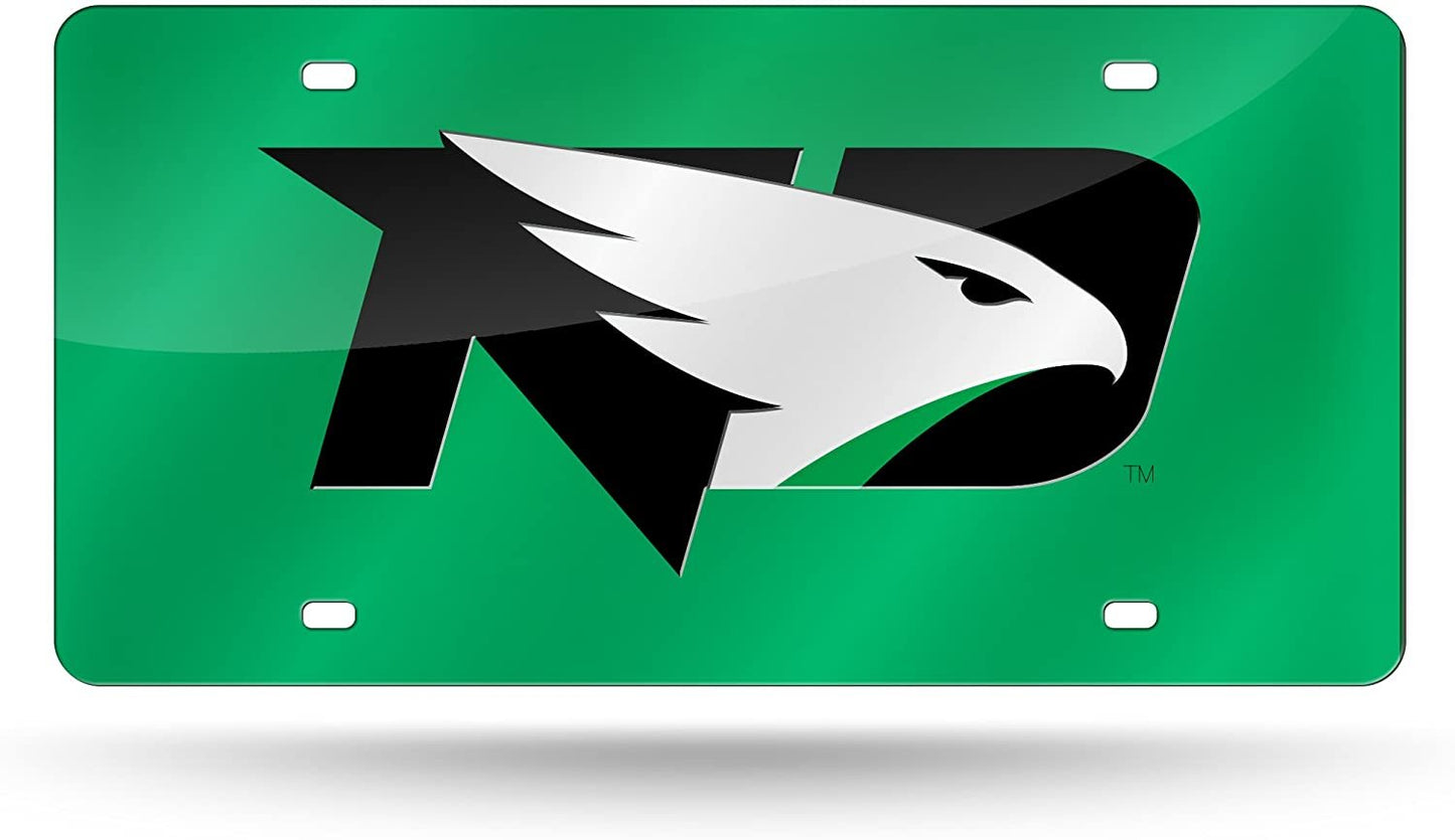 University of North Dakota Fighting Hawks Premium Laser Cut Tag License Plate, Green, Mirrored Acrylic Inlaid, 12x6 Inch