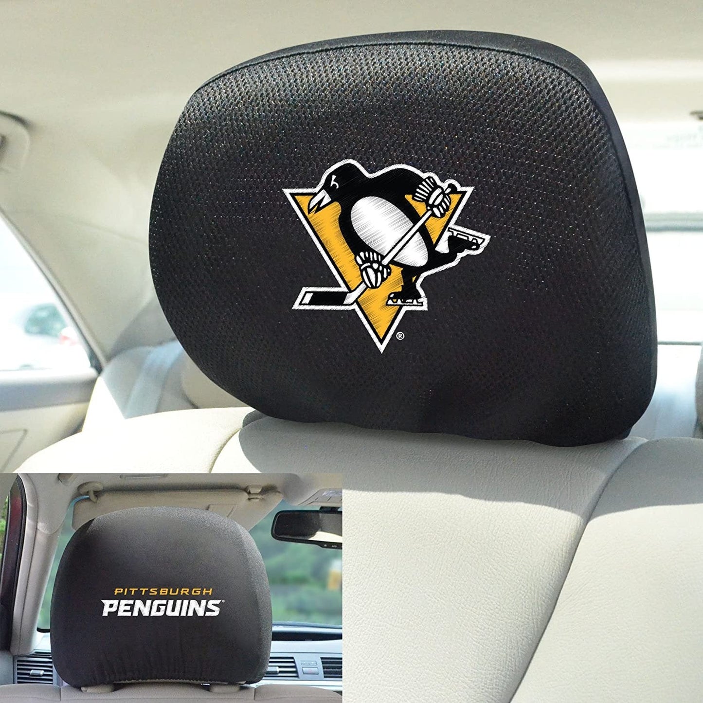 Pittsburgh Penguins Pair of Premium Auto Head Rest Covers, Embroidered, Black Elastic, 14x10 Inch