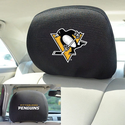 Pittsburgh Penguins Pair of Premium Auto Head Rest Covers, Embroidered, Black Elastic, 14x10 Inch