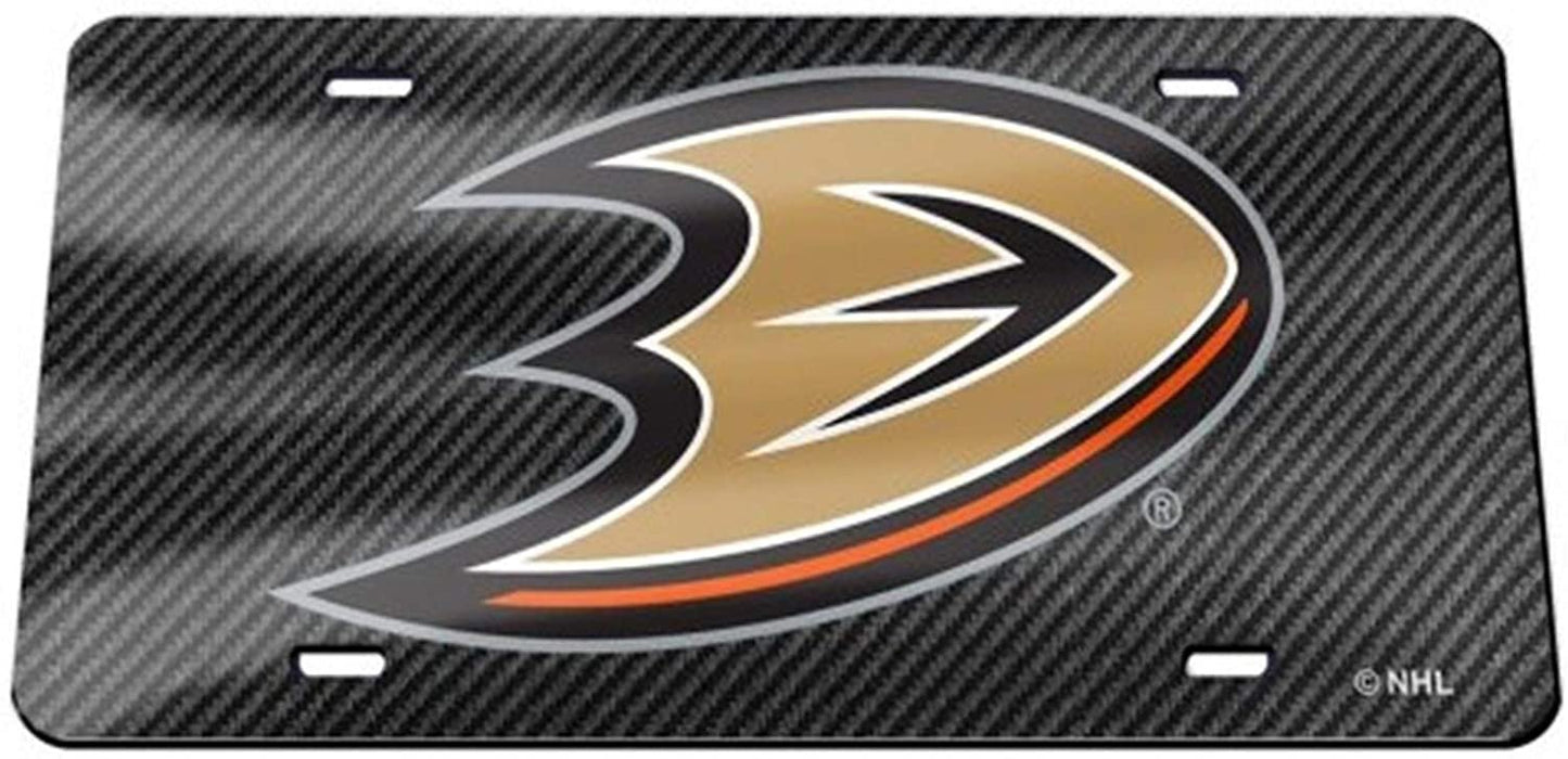 Anaheim Ducks Premium Laser Cut Tag License Plate, Carbon Fiber Design, Mirrored Acrylic Inlaid, 6x12 Inch